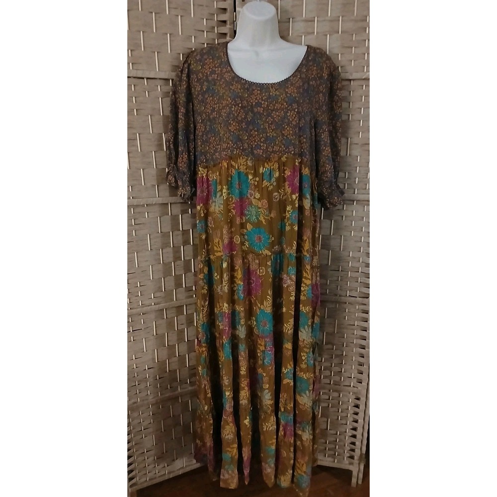 NWT Natural Life Brown Floral Tiered Midi Dress Sz L Flowy Boho Countrycore